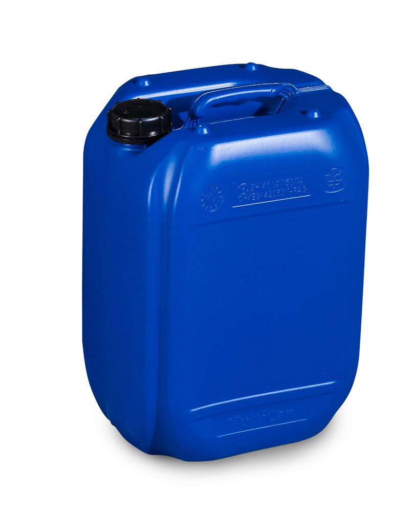 Garrafa de plástico (PE) ATEX 1 y 2, 20 litros, con asa y tapa roscada,  azul, homologada, apilable