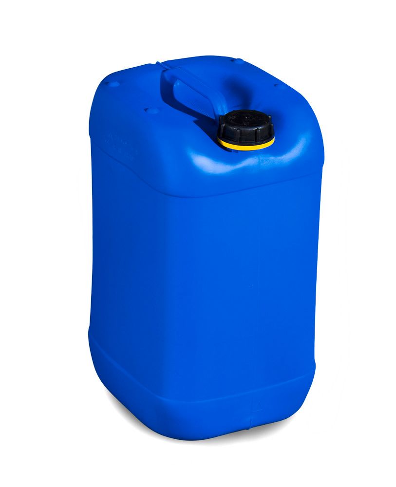Garrafa de plástico polietileno (PE), 25 litros, con asa y tapa roscada,  azul, homologada, apilable