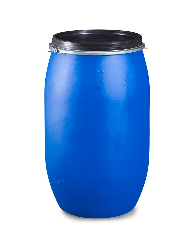 chupar Resbaladizo Banquete Bidón de plástico azul con tapa negra, ballesta y homologación UN, 220  litros