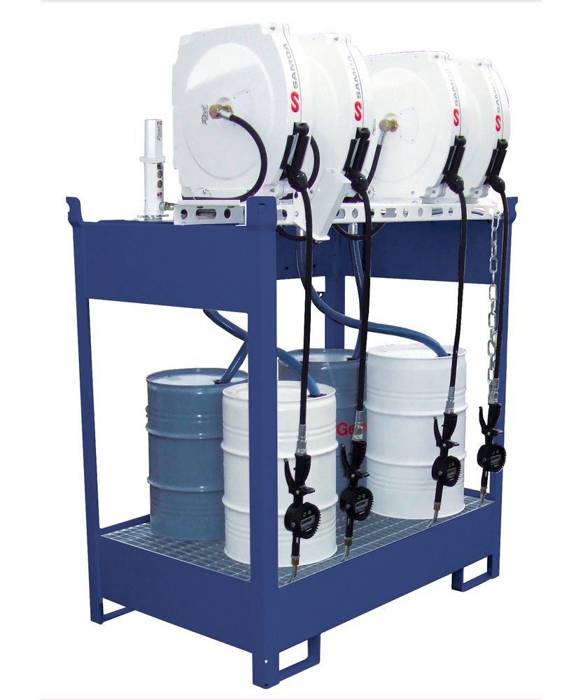 Oil station with spill pallet for 4 drums, 4 x electric pumps, enclosed  hose reel 10m, nozzle, meter