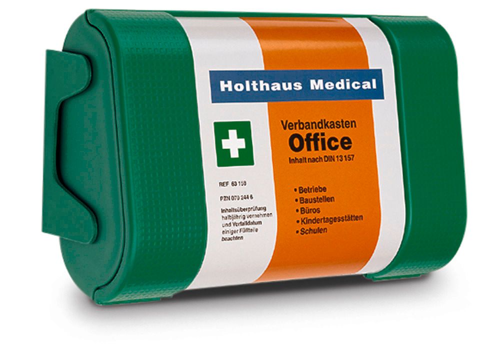 Clevisto® - Der Gesundheitsschutz Versand hilft clever schützen  Erste- Hilfe-Koffer DIN 13169 orange mit Wandhalterung (Betriebsverbandkasten)