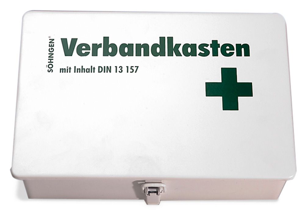 Verbandskasten aus Stahlblech, mit Füllung nach DIN 13157, passend für  Erste-Hilfe-Schrank, weiß