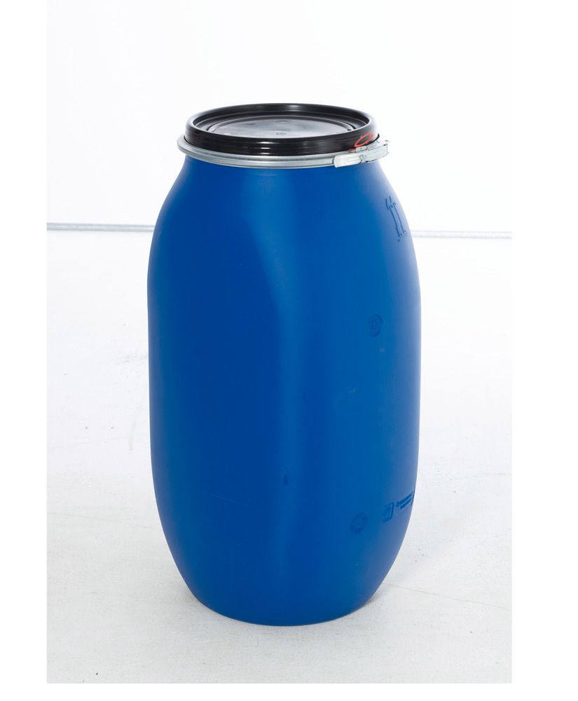 Bidón de plástico azul con 2 asas, tapa negra con asideros y ballesta,  homologación UN, 60 litros