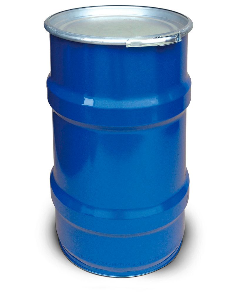 Bidón de plástico azul con 2 asas, tapa negra con asideros y ballesta,  homologación UN, 60 litros
