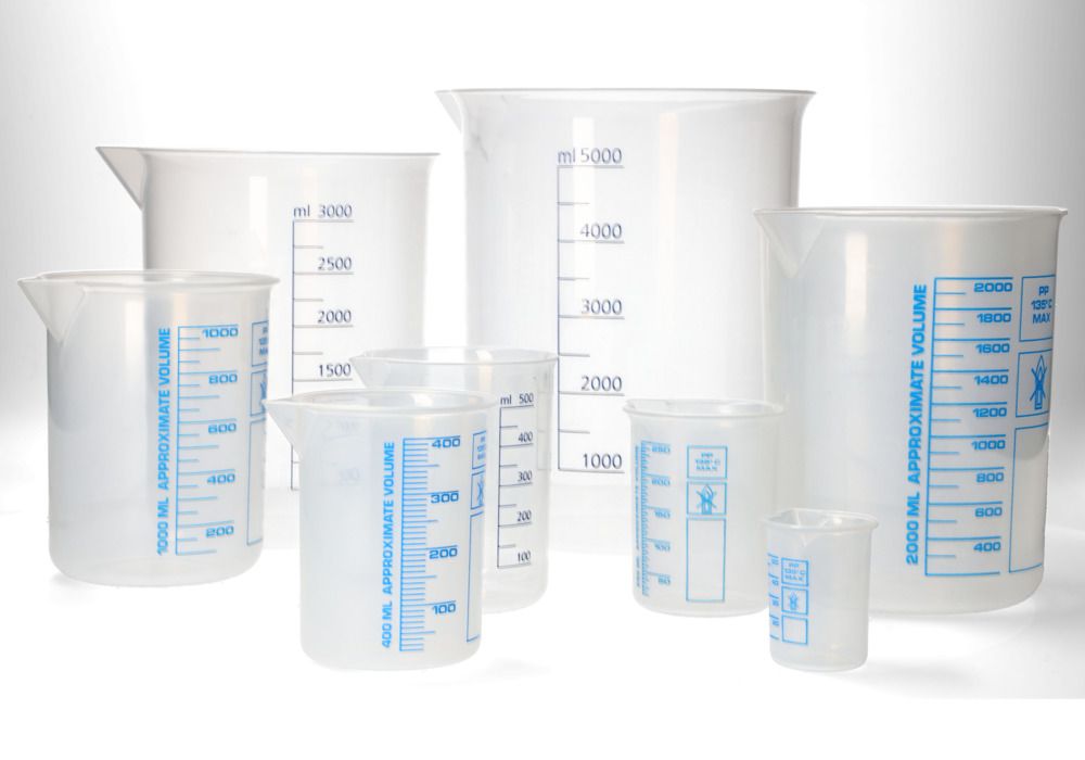 Bicchiere Griffin in PP, bicchiere da laboratorio con scala di volume blu  stampata, 150 ml, 24 pezzi