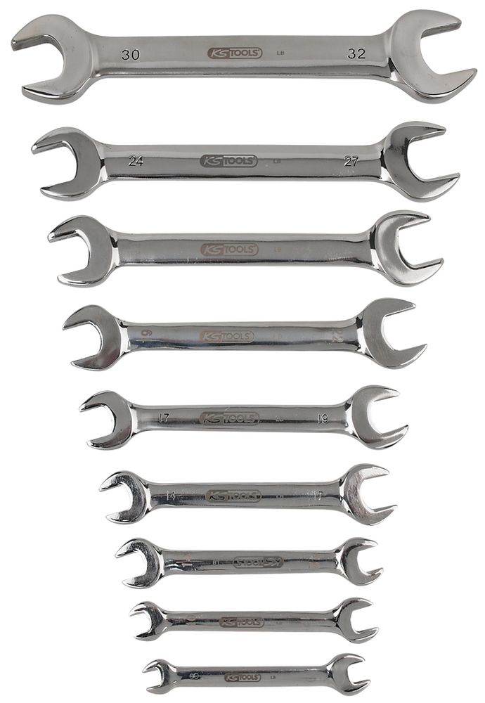 Llave fija doble KS Tools, acero inoxidable, 9 piezas, acodada, inoxidable  y resistente a los ácidos