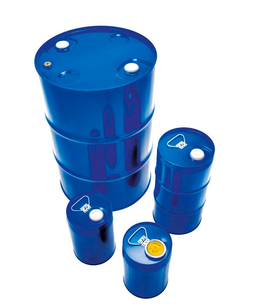 Bidón de plástico azul con tapa negra, ballesta y válvula de  desgasificación, 120 litros