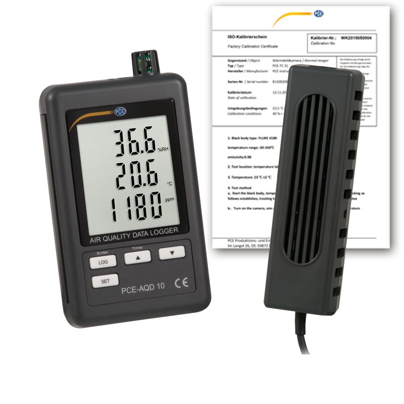 Misuratore di qualità dell'aria PCE-AQD 10, misurazione di CO2,  temperatura, umidità + ISO