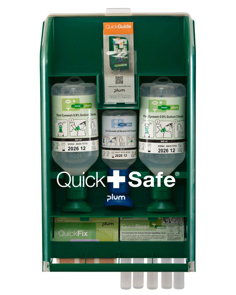 Box quick safe station 1er secours, avec bouteilles de lotion oculaires et  pansements
