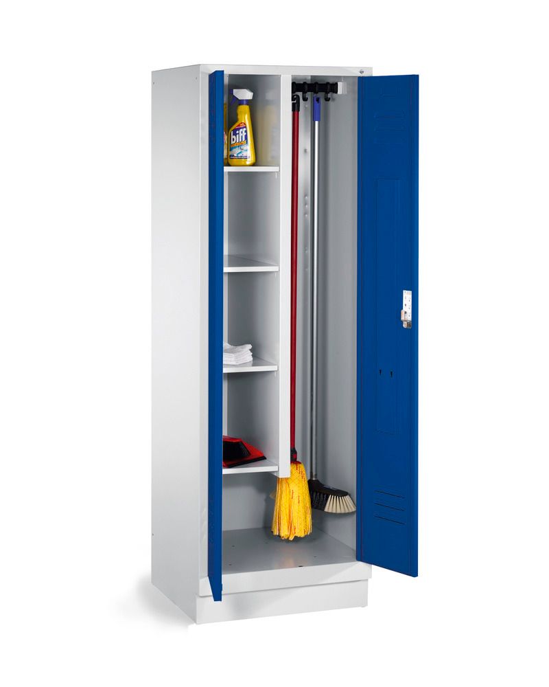 Armario para equipos de limpieza, 4 estantes y perchas, LxAxH: 610x500x1850  mm, patas, gris/azul