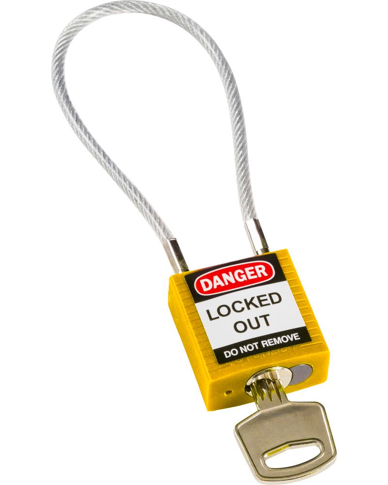 Cadenas de sécurité compact, clé spécifique à chaque cadenas, avec câble  200 mm, jaune